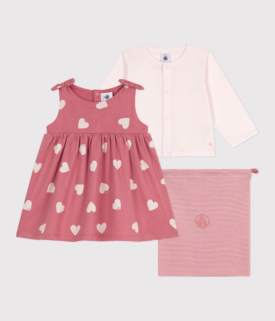 2-teiliges Baby-Set aus Baumwolle, einfarbiger Cardigan und gemustertes Kleid rosa ROSEWOOD/ MULTICO