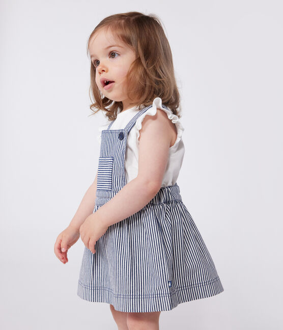 Baby-Latzhosenkleid aus gestreifter Baumwolle blau MEDIEVAL/weiss MARSHMALLOW