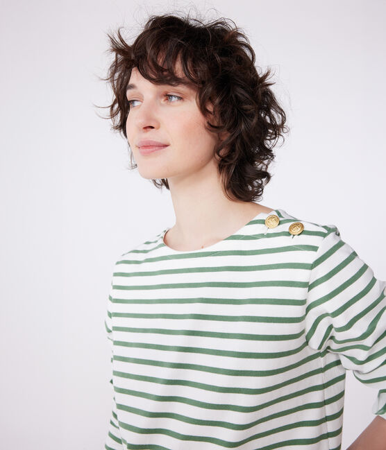 Langärmeliges Damen-Streifenshirt "Marinière" aus Baumwolle grün MARSHMALLOW/ PALMERAIE